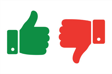 Thumbs up and thumbs down hand gesture, icons in green and red color isolated on white background for approval and disapproval concepts vector illustration

