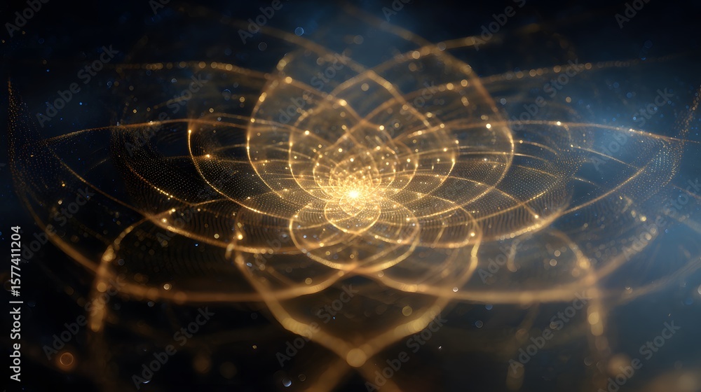 Poster golden fractal pattern illuminated against a dark background