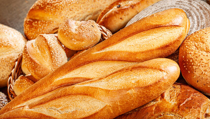 Fresh baked bread. Assorted bakery products loafs of bread and rolls...