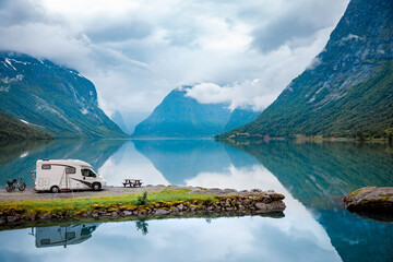 Family vacation travel RV, holiday trip in motorhome, Caravan car Vacation.