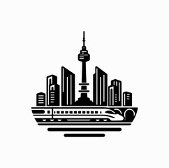 Obraz premium Minimalist Black Vector Logo of KTX Train with Seoul City Skyline Isolated on White Background
