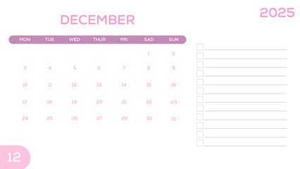 Pink Calendar 2025 Planner A4 Document - December 2025	