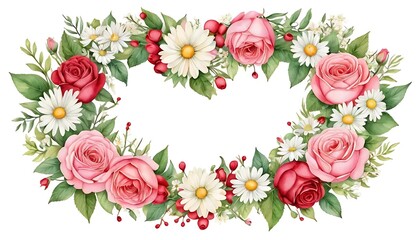 A beautifully rendered watercolor floral wreath featuring roses, daisies, and berries.