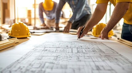 Construction Workers Collaborating on Architectural Blueprint Design