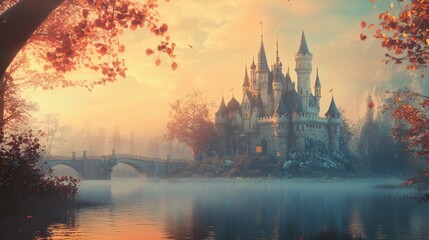 Obraz premium Enchanted Castle Surrounded by Autumn Trees and Misty Lake