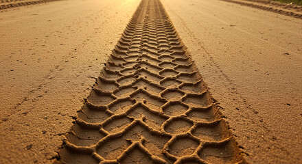 Intricate Tire Track Impression Embedded Deeply Within Golden Sand Road Surface