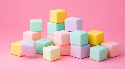 Obraz premium Colorful Pastel Building Blocks on Pink Background for Kids Play