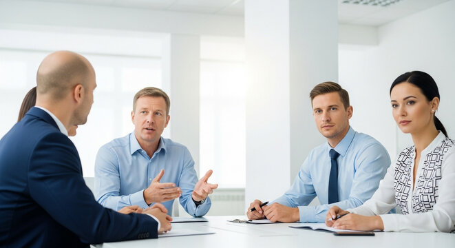 A diverse group of professionals engage in a lively business meeting, discussing strategy and planning around a conference table