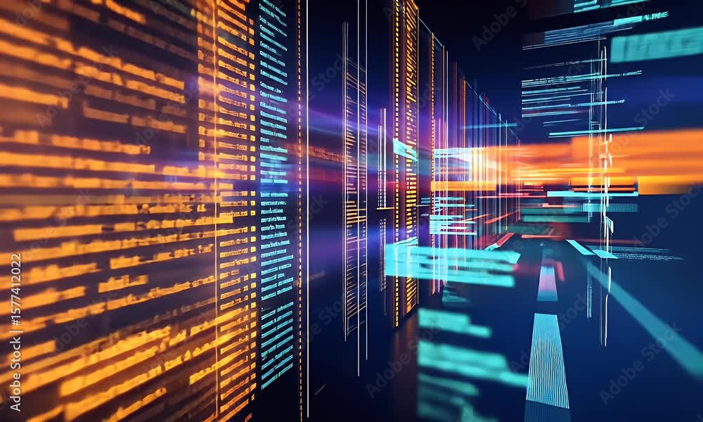 Poster a blurred background of computer code and data streams, representing fast-paced digital technology w