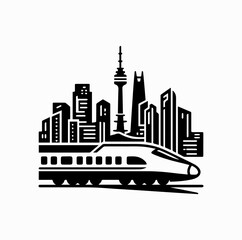 Obraz premium Minimalist Black Vector Logo of KTX Train with Seoul City Skyline Isolated on White Background