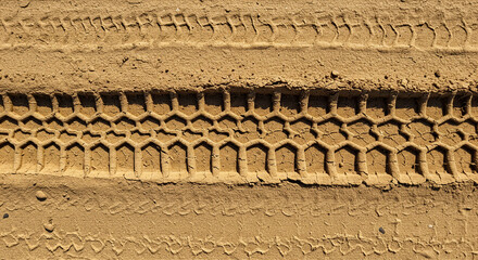Textural abstract of tire tracks on tan sandy ground offering depth and organic form exploration