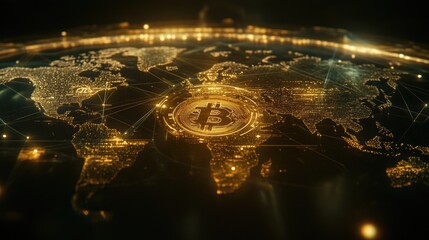 Golden Bitcoin on World Map Highlighting Global Cryptocurrency Network