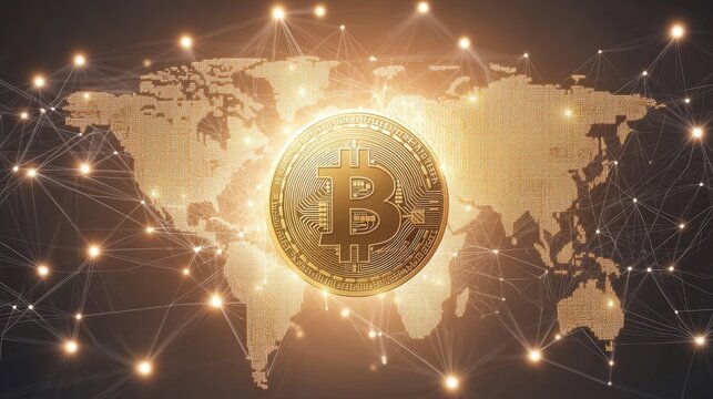 Golden Bitcoin Against Digital World Map with Network Connections