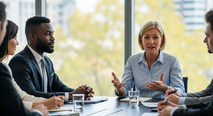 A diverse group of professionals engage in a lively discussion during a business meeting in a modern office
