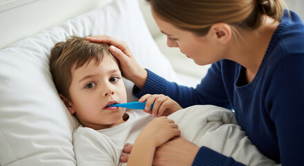 A concerned mother checks her young sons temperature with a thermometer while he lies in bed