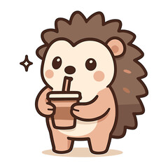 Hedgehog Cartoon Mascot Cute Porcupine Drinking Illustrations