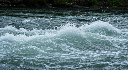 Turbulent river water surface close-up showing powerful waves and spraying foam