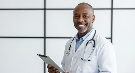 A smiling african american doctor in a white coat holds a tablet and stethoscope