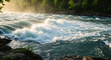 Captivating cascade of surging river water, highlighting the natural beauty and power