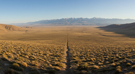 Expansive vista over golden grassland leading to distant, snow-capped mountains under a serene sky