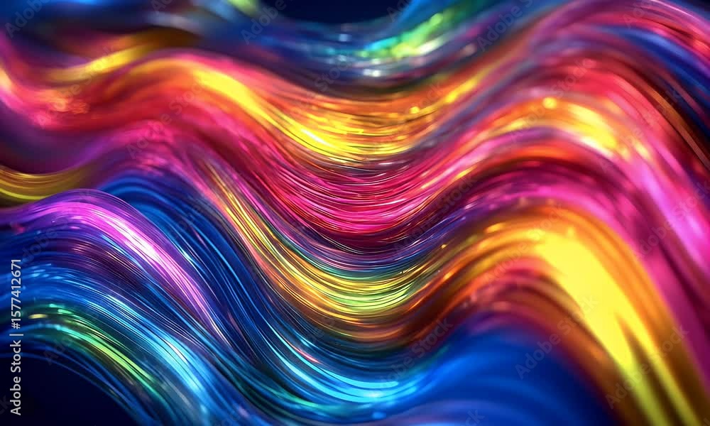 Poster abstract background with colorful neon wavy lines, glowing stripes on a black backdrop. digital art 