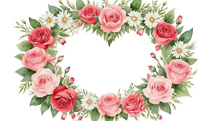 Heart-shaped floral wreath with pink roses, white daisies, and green foliage on a white background.