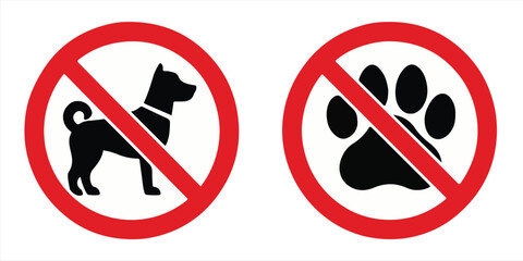 No Dogs and No Pets Icons – Dog Silhouette and Paw Print Prohibited Signs with Red Circle and Slash, Isolated on Transparent Background Vector Illustration