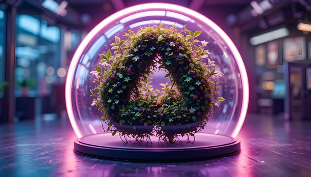 Futuristic organic recycling logo grown from biotech materials under a UV dome
