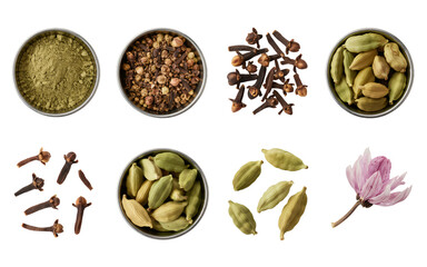 Spices are essential for adding flavor and aroma to dishes. This image displays various forms of...