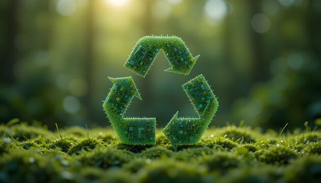 Recycling symbol composed of micro-circuits and eco-nanotech with a sustainable background
