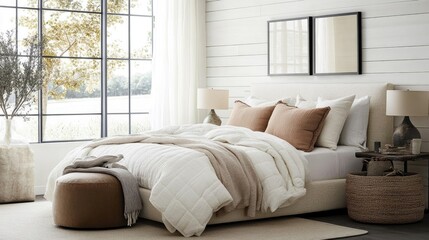 Fototapeta premium Cozy and Elegant Bedroom Interior with Natural Light and Neutral Tones