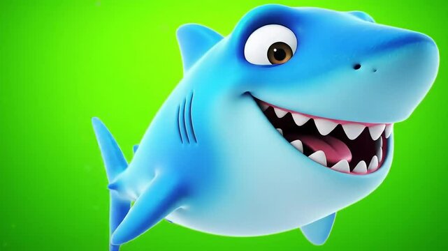 Smiling cartoon shark swimming with a cheerful expression against a green backdrop
