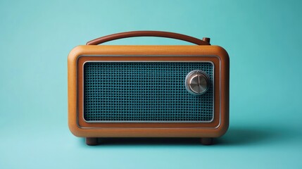 Retro-style wooden radio on vibrant teal background