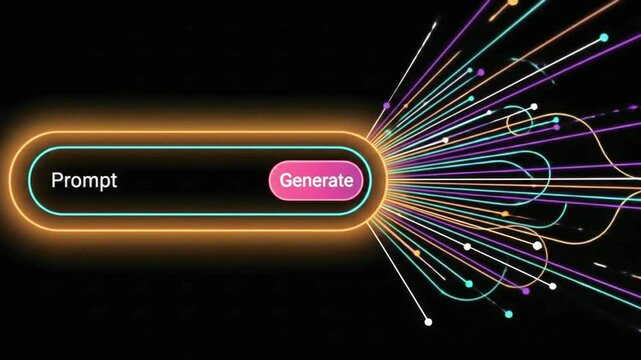 A futuristic interface shows a prompt button generating data streams, representing artificial intelligence and technological innovation