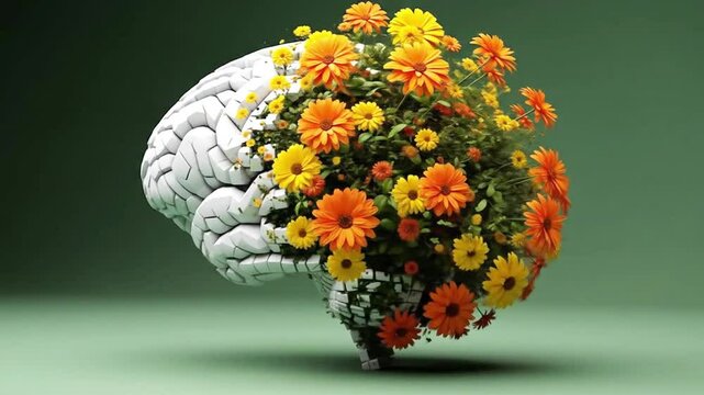 A brain is depicted with flowers blooming from it, symbolizing growth, intelligence, and the blossoming of ideas