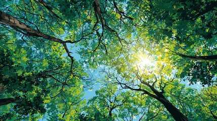 Obraz premium Upward view through tree canopy; light shines through leaves, piercing bright sky