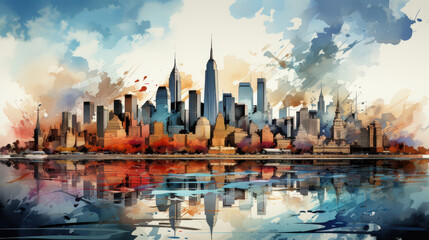 Fototapeta premium Abstract Artistic Map of the USA, Watercolor Cityscape Overlay