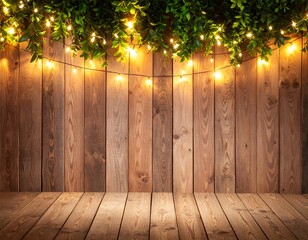Warm wooden backdrop with fairy lights and greenery