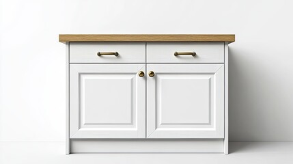 Elegant White Kitchen Cabinet with Wooden Top and Gold Handles
