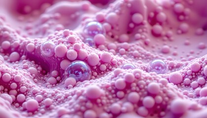 Obraz premium the image displays a vibrant, close up view of bubbles in what appears to be a pink foamy substance, this could be a soap solution or another similar material