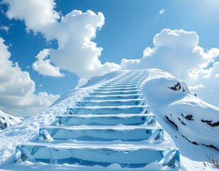 the image presents a surreal scene of a set of stairs ascending to a cloud like sky, the stairs are made of what appears to be ice or crystal
