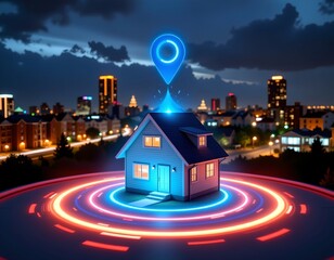 the image features a digitally rendered scene set at night, in the center of the image is a house with a blue light emanating from it, resembling a searchlight or beacon