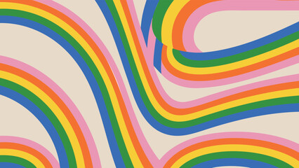 Colorful rainbow stripes with curved and wavy lines on a light beige background design element showing unity