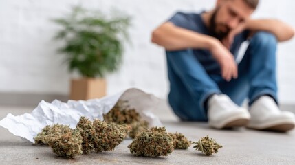Dried cannabis buds scattered on the floor, a blurred figure of a sad man sits in the background, distressed by his substance use.