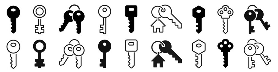 Key icon set. Vintage key, access, security, old key silhouette, password, house key - stock vector.