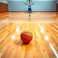 Naklejka premium 실내 농구장 바닥에 놓인 농구공a basketball on the floor of an indoor basketball court