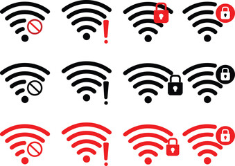 Wifi and wireless problem icon or no wifi icon set. No internet access crossed out symbol. wifi signal with a prohibition symbol. representing no internet connection. 
