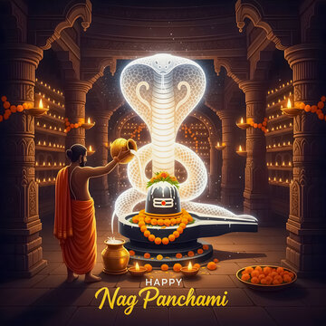 Devotee performs ritual for nag panchami with divine cobra and shiva lingam