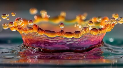 Extreme close-up of swirling rainbow liquid forming abstract crown shape with vibrant water droplets and ripples, macro shot with vivid colors