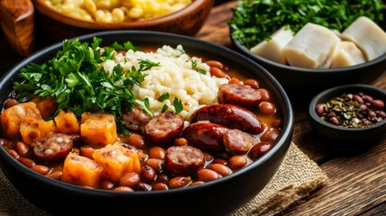 Brazilian Feijoada Ready to Serve With Sausage and Rice Garnish